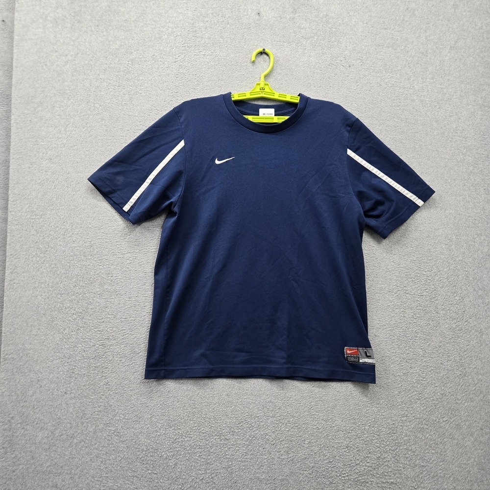 Nike Men Shirt L Navy Blue Embroidered Activewear Logo Short Sleeve READ